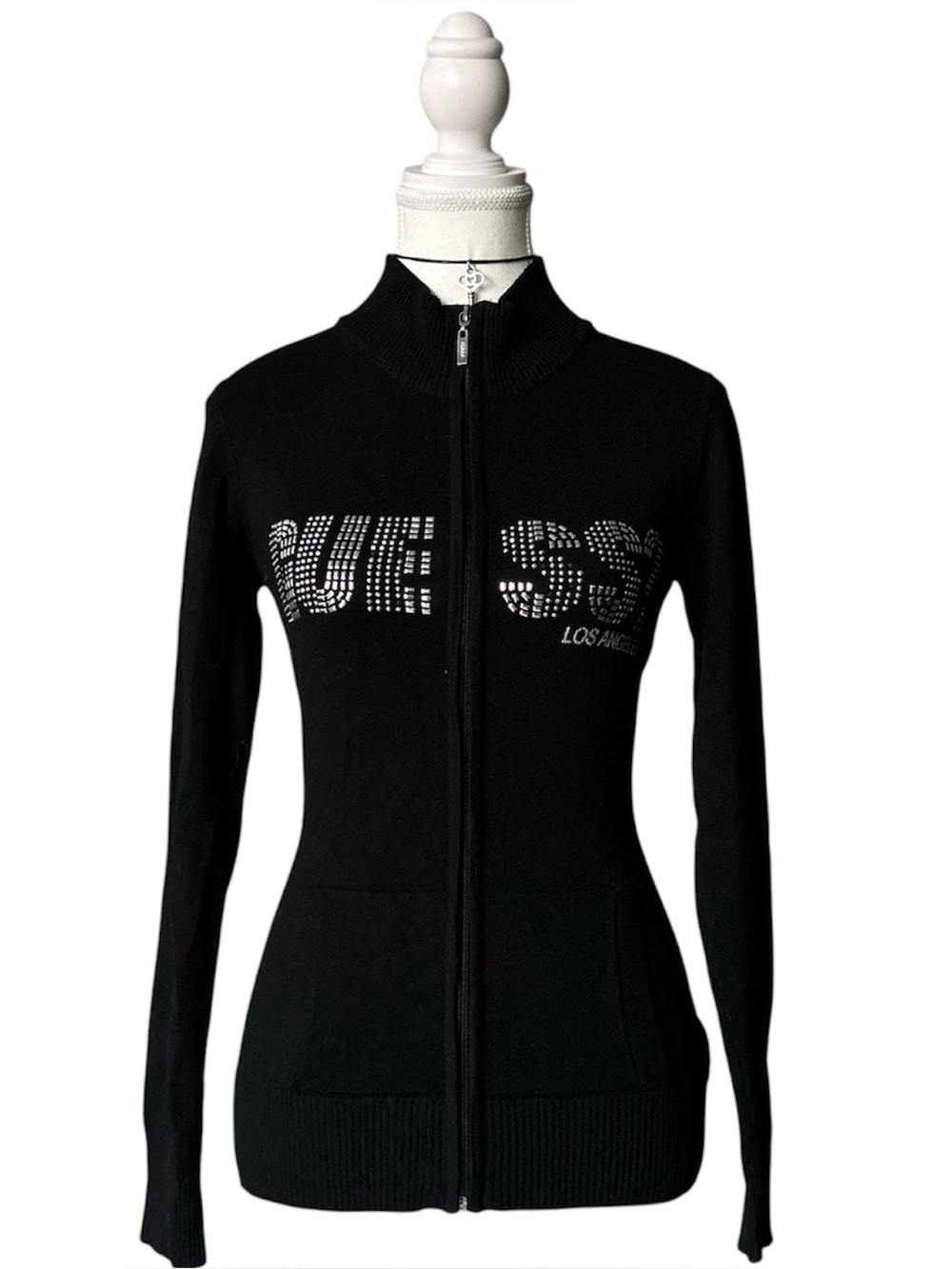 Y2K “GUESS” Basic Black and Silver Studded Zip-up Long Sleeve Sweater
